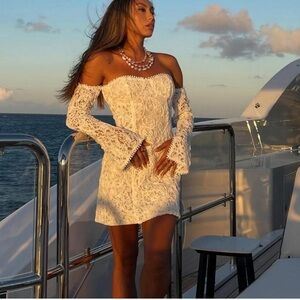 12th Tribe White Off-Shoulder Lace Mini Dress